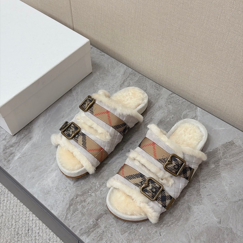 Burberry Cream Plaid Faux-Shearling Slide Sandals